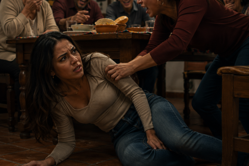 La cena de domingo apenas había empezado cuando mi hermana me jaló la silla frente a toda la familia. “Vete a comer al patio, en esta casa no mantenemos a extrañas.” Miré el piso frío, escuché a mi mamá reírse con ellos… y abrí la app del banco para cancelar el pago de la casa que todos creían que se hacía solo cada mes.