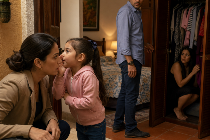 Regresó de un viaje de trabajo de 10 días y su hija de 6 años le susurró: ‘Mamá, papá está jugando a las escondidas con una mujer… ella sigue dentro del armario’ — La esposa no entró de inmediato, y su decisión esa noche lo cambió todo