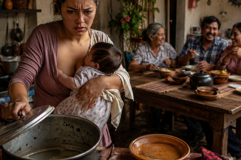 Acababa de dormir a mi bebé cuando vi que habían vaciado la olla de caldo que era para una madre lactante — salí con mi hija en brazos, toqué puerta por puerta en el pueblo y lancé una pregunta que dejó pálida a la familia de mi esposo.