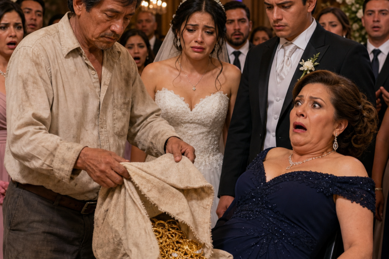 Humillaron a la familia de la novia por ser pobre, la suegra entregó solo una moneda de oro en plena boda… pero cuando el padre subió y abrió una vieja bolsa de tela, todo el salón quedó en silencio — y ella se desplomó en el acto
