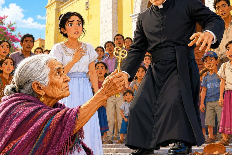 El Sacerdote Tiró El Plato De Comida De Una Anciana Mendiga Frente A La Iglesia… Pero Cuando Ella Sacó Lentamente Una Llave Dorada, Toda La Parroquia Quedó Helada
