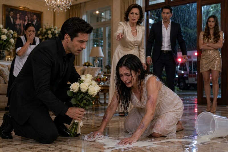 Me Arrodillé Embarazada de Ocho Meses Limpiando el Piso de la Mansión de Mi Suegra… Hasta Que El Hombre Con Rosas Blancas Entró y Toda la Familia Descubrió De Quién Era Realmente El Bebé