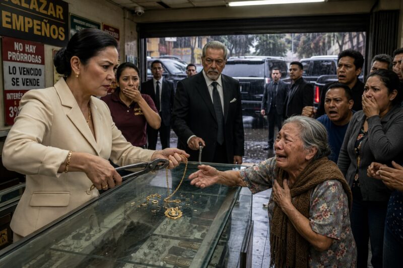 LA ANCIANA SUPLICÓ RECUPERAR SU CADENA DE BODA — LA DUEÑA DE LA CASA DE EMPEÑO LA CORTÓ FRENTE A TODOS… PERO NADIE IMAGINÓ QUE LA CÁMARA DEL TECHO HABÍA GRABADO TODO