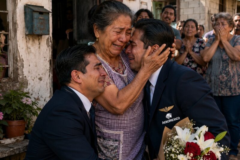 Vendió su casa, sus tierras y todo lo que tenía para que sus dos hijos pudieran estudiar aviación… Durante veinte años, aquella madre viuda vivió sola y en silencio dentro de un pequeño cuarto con goteras. Hasta que una mañana, todo cambió: dos pilotos con uniforme de Aeroméxico tocaron su puerta, la abrazaron llorando y dijeron una frase que dejó sin palabras a todo el vecindario…