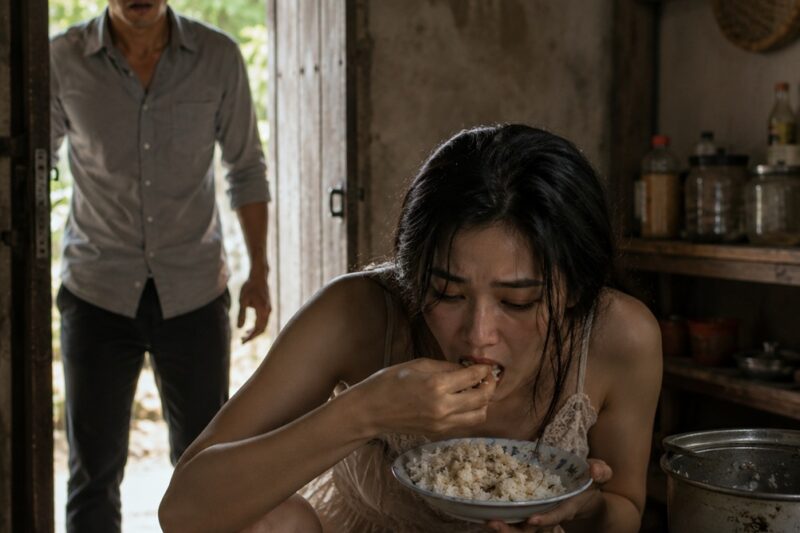 Yo le enviaba a mi madre 15 mil pesos cada mes para que cuidara de mi esposa después del parto… Pero un día regresé a casa sin avisar y me quedé helado al verla tragando a escondidas un plato de arroz echado a perder con sal.