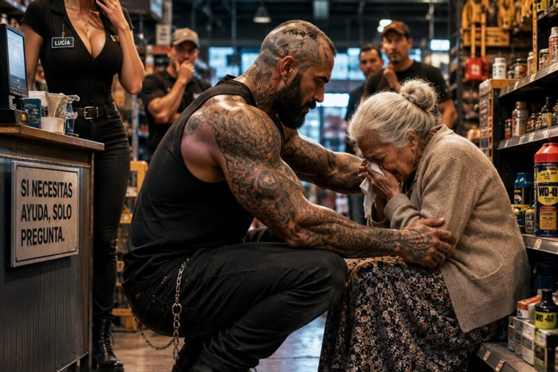La Cajera Se Quedó Paralizada al Ver a un Hombre Cubierto de Tatuajes Acercarse a una Anciana que Lloraba… Pero Lo Que Hizo Después Dejó a Toda la Ferretería Sin Palabras