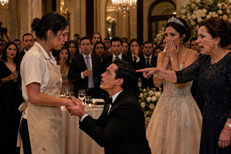 El hombre más rico de la ciudad se arrodilló frente a mí en plena fiesta de compromiso con una heredera famosa.La madre de la novia me aventó una copa de vino tinto en la cara y gritó que una mujer que había comido sobras detrás de la cafetería escolar no tenía derecho a pisar un hotel de cinco estrellas.Pero lo que dejó congelado a todo el salón no fue que él se arrodillara… sino lo que dijo después:  ¿Todavía guardas la mitad del boleto del almuerzo de aquel año?