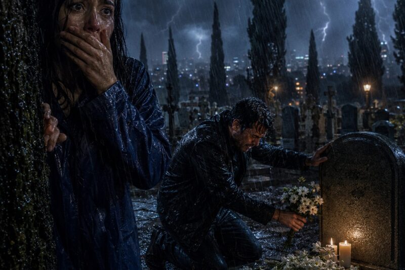 Mi esposo siempre desaparecía justo en la noche de lluvia de cada mes… hasta que una vez lo seguí a escondidas y vi su nombre en mi propia tumba