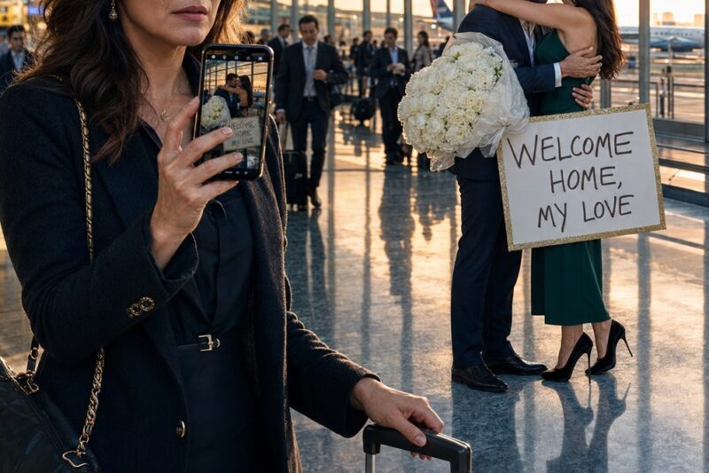 Llegué un día antes de regreso de una exclusiva feria de bodas de lujo y encontré a mi esposo, un reconocido médico, esperando en el aeropuerto con mis flores favoritas… para otra mujer