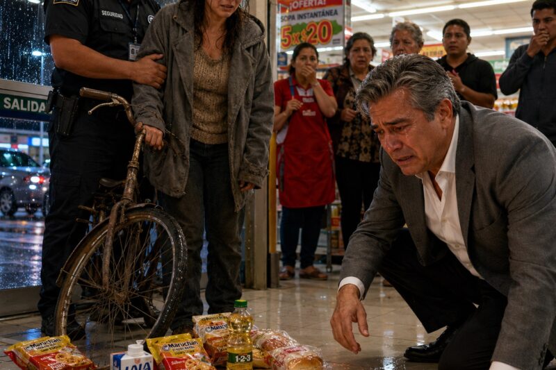 La madre pobre escondió discretamente varios paquetes de sopa instantánea dentro de su abrigo. Apenas salió del supermercado, el guardia de seguridad la detuvo. Todos pensaron que terminaría esposada y llevada al Ministerio Público… hasta que algo cayó de su bolsillo, dejando al dueño del supermercado completamente paralizado, antes de entregarle en silencio cuarenta mil pesos…