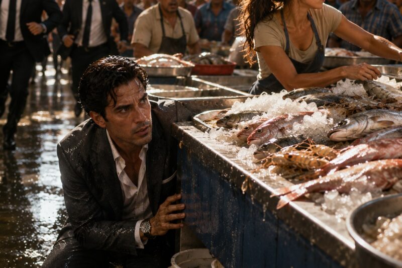 El día que el multimillonario Alejandro Salazar huyó de su propia fiesta de compromiso, nadie imaginó que terminaría escondido detrás de un puesto de mariscos en el Mercado de La Viga, en Ciudad de México, empapado de agua sucia, oliendo a pescado y viendo cómo su dignidad se desmoronaba dentro de un traje italiano de seis mil dólares.