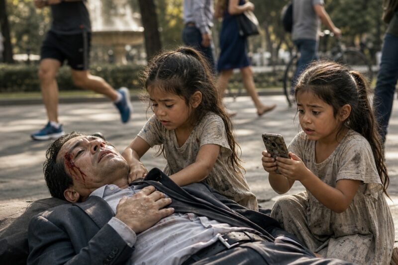 EL MULTIMILLONARIO SE DESPLOMÓ EN EL PARQUE… Y NADIE SE DETUVO A AYUDARLO… HASTA QUE DOS GEMELAS HAMBRIENTAS CORRIERON HACIA ÉL Y LE PIDIERON UN FAVOR IMPOSIBLE… Y LO QUE PASÓ DESPUÉS CAMBIÓ SUS VIDAS PARA SIEMPRE
