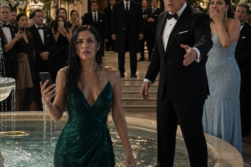 CHAQUÉ A MI PADRE ME EMPUJÓ A UNA FUENTE FRENTE A TODOS LOS INVITADOS EN LA BODA DE MI HERMANA… 😳💔 Pero nadie imaginó quién entraría al salón segundos después… y la humillación terminó convirtiéndose en la peor pesadilla de mi familia.