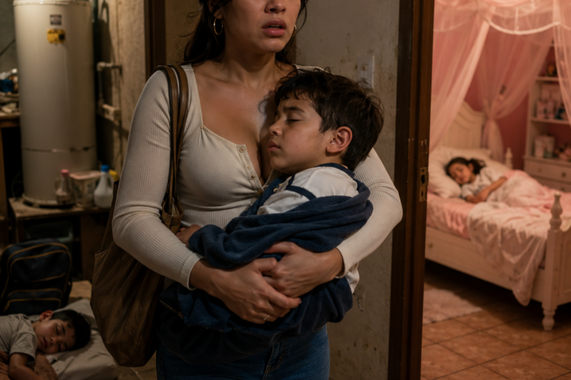 El plato de plástico estaba en el piso, con dos tortillas frías y unos frijoles secos pegados al borde. Su hijo de siete años dormía encogido junto al calentador de agua, todavía con los zapatos de la escuela puestos. Y su cuarto azul ahora era una habitación de princesa para la hija de su hermana.