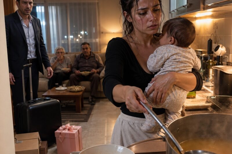 Volví antes de mi viaje de trabajo y encontré a mi esposa sirviendo la cena con nuestro bebé en brazos, mientras sus padres esperaban sentados como reyes