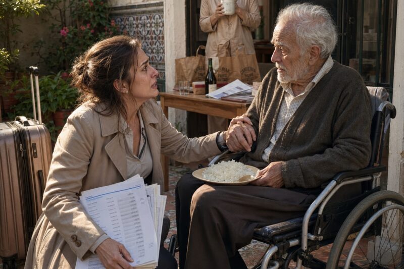 “Le robaban cada euro que mandaba para cuidar a su padre enfermo, lo humillaban en su propia mesa y lo dejaban comer sobras mientras ellos brindaban con vino caro. Pero nadie contaba con que Elena regresaría antes de tiempo.”
