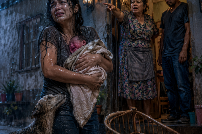 La abuela del niño arrojó sin piedad la cuna fuera de la casa en medio de una lluvia torrencial, declarando a gritos que ese bebé no llevaba la sangre de su familia. Mi esposo estaba allí de pie, justo a su lado, pero permaneció en silencio mientras veía cómo me expulsaban de la mansión con las manos vacías y un recién nacido tiritando entre mis brazos. En el momento de mayor desesperación, lo único que se quedó a mi lado no fue un ser humano, sino un perro callejero esquelético al que esa familia siempre había despreciado por creer que traía mala suerte.