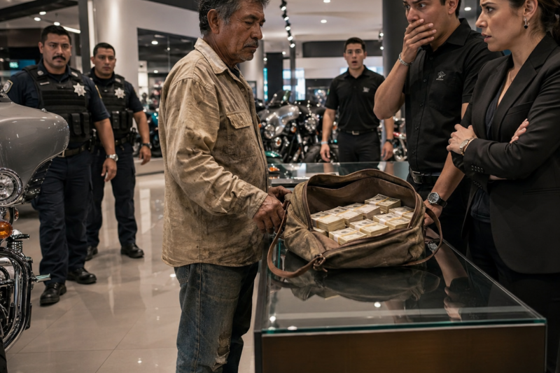 Un hombre con la camisa cubierta de polvo puso una bolsa de tela llena de dinero sobre el mostrador de una agencia de motos de lujo en Guadalajara, y la tienda llamó de inmediato a la policía — pero cuando sacó aquella credencial con borde negro envuelta en plástico viejo, el primero en bajar la cabeza fue el propio oficial.