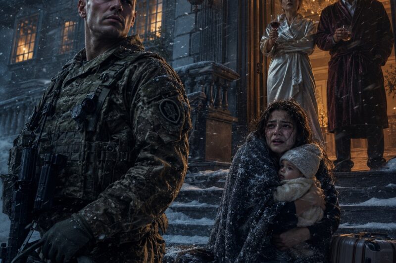 Después de dieciocho meses desplegado en el extranjero, regresé a casa en medio de una tormenta de nieve esperando el calor de mi familia, pero encontré a mi esposa desmayada en el porche helado abrazando a nuestra bebé. «Tus padres dijeron que ya no éramos parte de esta familia», susurró. Algo dentro de mí se congeló. La cargué en brazos, pasé frente a ellos y dije: «Ustedes echaron a la calle todo mi mundo. Ahora recuperaré cada peso, cada llave y cada secreto que nos robaron».