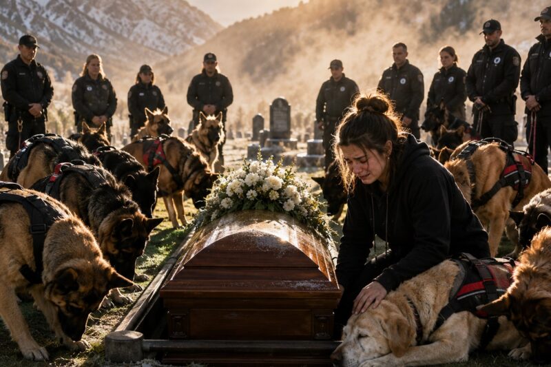 ESTABA SOLA JUNTO A LA TUMBA DE MI ABUELA, SIN DINERO NI FLORES, CUANDO DOCE PERROS DE BÚSQUEDA SALIERON DE ENTRE LA NIEBLA Y SE ARRODILLARON FRENTE A SU ATAÚD. LO QUE OCURRIÓ DESPUÉS CAMBIÓ MI VIDA PARA SIEMPRE. 🥹💔