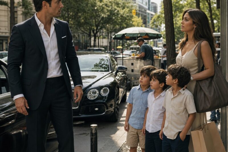 Multimillonario ve a su exnovia esperando un Uber con tres niños de seis años idénticos a él…