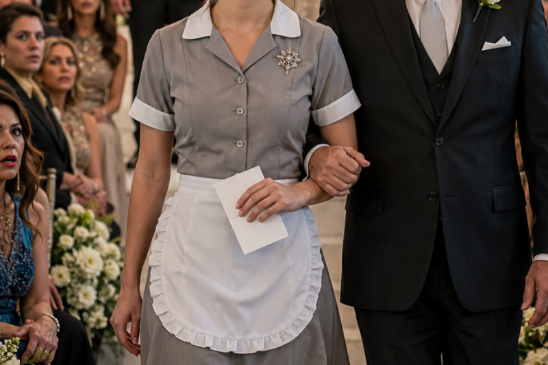 Mi suegra escondió mi vestido de novia y dejó un uniforme de mucama con una nota que decía: “Aprende cuál es tu lugar”. Frente a doscientos invitados, me puse ese uniforme, tomé la mano de mi padre y caminé hacia el altar sin derramar una sola lágrima… porque estaba a punto de revelar un secreto que destruiría sus vidas para siempre.