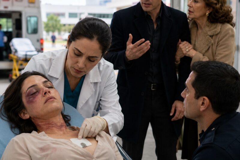 Mi esposo me dejó inconsciente frente a urgencias y le dijo a la policía que yo había intentado matarlo. Su madre sonrió al ver las marcas en mi cuello y aseguró que eran «pruebas de mi locura». Creyeron que estaba demasiado aterrada para hablar. Pero cuando la doctora encontró una pequeña grabadora escondida bajo la cinta adhesiva, todas las mentiras que habían preparado comenzaron a derrumbarse.