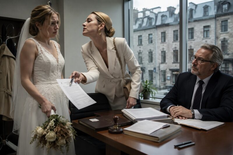 —Firma y desaparece, criada con vestido blanco —me dijo mi cuñada frente al notario, todavía con mi ramo marchito en la mano.