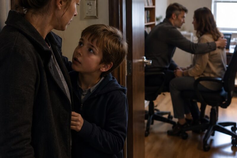 —No entres al consultorio, mamá —me dijo mi hijo con la boca temblando—. Papá metió a la terapeuta “a practicar respiración” antes de mi sesión… y apagó la cámara del pasillo.