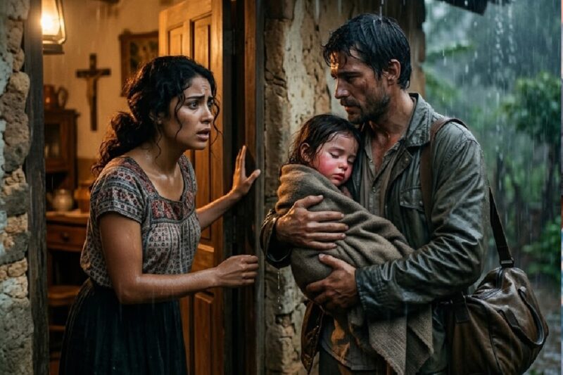 🔥 UNA VIUDA ABRIÓ LA PUERTA EN PLENA TORMENTA Y ENCONTRÓ A UN DESCONOCIDO CON SU HIJA ARDIENDO EN FIEBRE… JAMÁS IMAGINÓ QUE ESA NOCHE CAMBIARÍA SU DESTINO PARA SIEMPRE 😱🌧️💔🏡