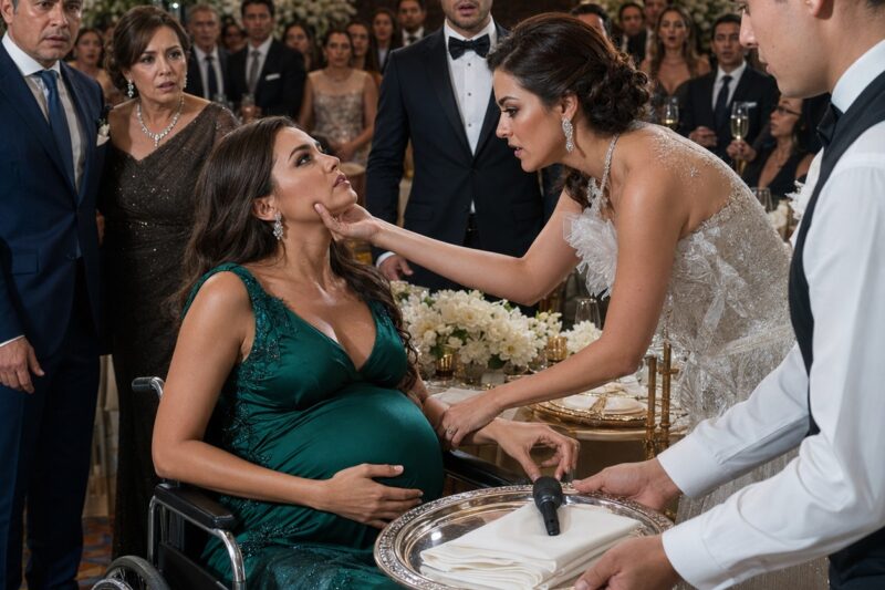 # Embarazada de siete meses y atrapada en una silla de ruedas por una pelvis destrozada, no pude moverme cuando la hermana de mi esposo me arrojó té hirviendo sobre las piernas. Luego me clavó las uñas en la mandíbula y susurró: «Mírate… una lisiada hinchada a la que mi hermano ni siquiera quiere tocar». A través del dolor, le entregué discretamente un micrófono oculto a un mesero. Segundos después, sus palabras resonaron frente a trescientas personas influyentes… incluido su millonario prometido.