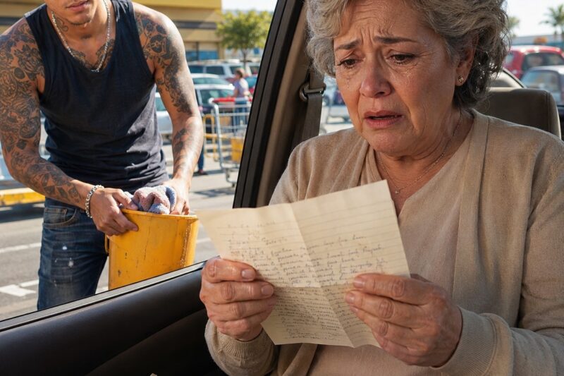 Estuve a Punto de Correr al Joven Tatuado que Ofrecía Lavar Mi Auto en el Estacionamiento… Hasta Que Me Dijo: “No Quiero Dinero Regalado, Señora. Quiero Ganarme el Tanque de Oxígeno de Mi Mamá.” Le Entregué las Llaves con Desconfianza… y Una Hora Después Encontré una Nota en el Asiento que Me Hizo Llorar.
