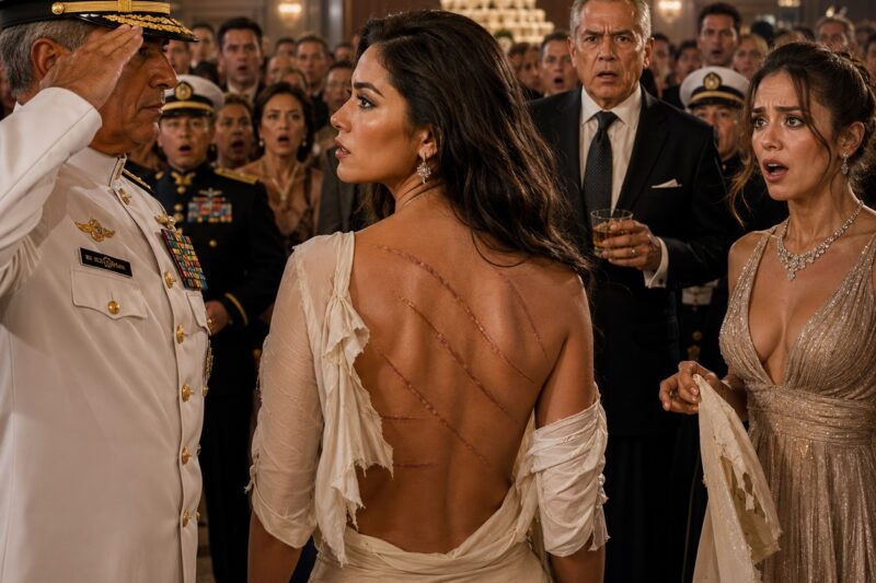 Mi hermana me arrancó la blusa durante la lujosa fiesta de retiro de mi padre y se burló de las cicatrices en mi espalda. Los oficiales de la Marina observaban en silencio y mi padre no dijo una sola palabra… hasta que un Almirante dio un paso al frente y su saludo reveló por qué desaparecí durante cinco años. Entonces, todo el salón quedó en silencio, porque la hija que habían humillado ya no era una mujer indefensa.