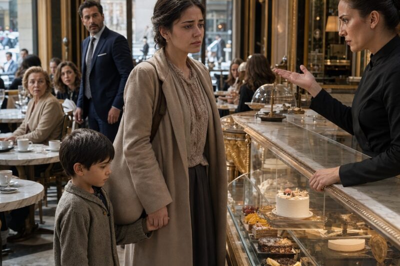 La pastelería de lujo parecía casi irreal: candelabros dorados brillaban suavemente sobre pisos de mármol, mientras vitrinas de cristal exhibían pasteles que parecían más obras de arte que comida. Clientes adinerados conversaban entre risas discretas, tomando espresso, con una melodía suave de piano flotando en el fondo.