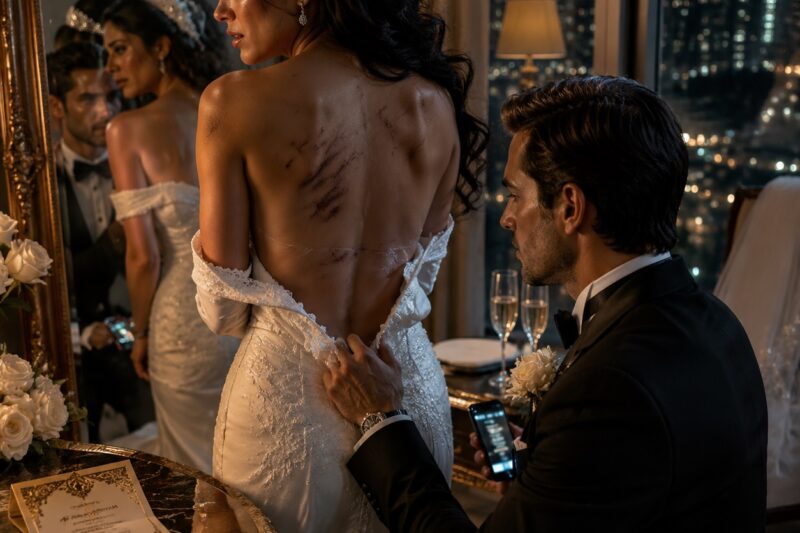 La noche de nuestra boda, bajé la parte trasera del vestido de mi esposa y descubrí la verdad que su sonrisa había estado ocultando durante años.