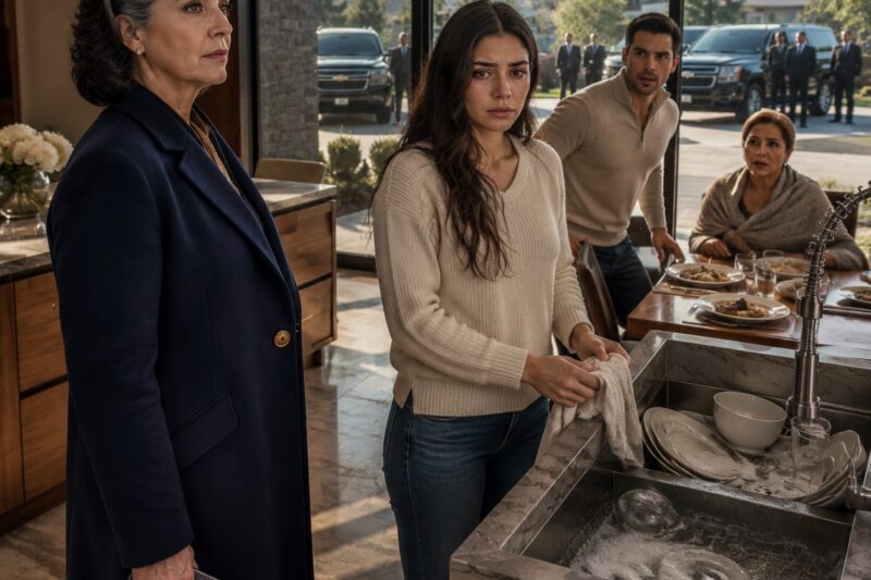 Llegué sin avisar a la casa de mi hija y me quedé paralizada cuando la vi temblando frente al fregadero mientras su esposo y su suegra comían cómodamente detrás de ella. Entonces él le arrebató un plato de las manos a su madre y gritó: