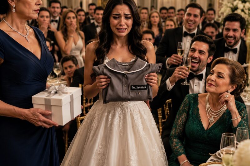 En la boda de mi hija, su suegra le entregó una caja de regalo. Cuando mi hija la abrió, encontró dentro un uniforme de empleada doméstica. Mi yerno sonrió y comentó: «Justo lo que necesitará en casa». Los ojos de mi hija se llenaron de lágrimas y comenzó a temblar. Me levanté en silencio de mi asiento y dije: «Ahora veamos el regalo que yo tengo para ustedes». Cuando mi hija abrió mi caja, las expresiones en sus rostros se transformaron en puro horror.