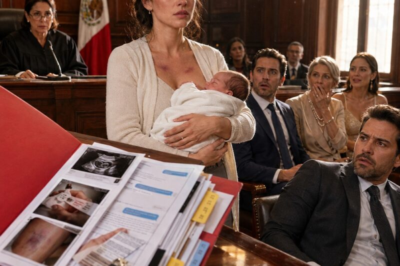 Entré al Juzgado con Mi Hijo Recién Nacido en Brazos Mientras el Abogado de Mi Esposo Sonreía Como si Ya Hubiera Perdido… Creyó que la Carpeta Roja que Llevaba Era una Súplica de Misericordia, Pero Cuando la Coloqué Frente a la Jueza y Dije: «Su Señoría, Este Bebé No es la Razón por la que Solicito Protección… Él es la Prueba», el Rostro de Mi Esposo Perdió Todo Color, Porque Cada Mentira que Había Enterrado Estaba Dentro de Esa Carpeta