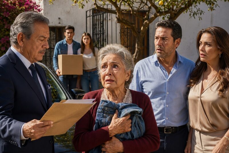 Mi propio hijo me echó de la casa que levantamos con el sudor de mi esposo. Salí abrazando su vieja chamarra, creyendo que lo había perdido todo… hasta que un notario apareció con un sobre sellado por mi marido antes de morir y pronunció una frase que hizo palidecer a toda mi familia.