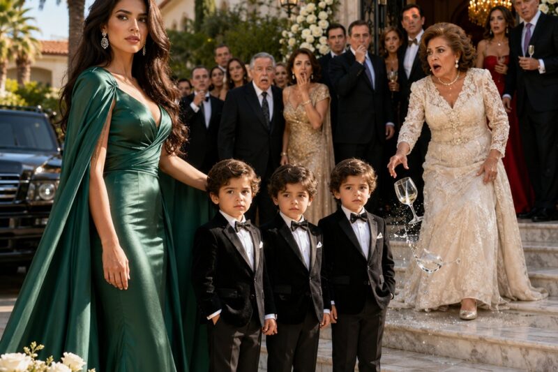 Llevé a mis trillizos de 5 años a la boda de mi exesposo millonario… y en el instante en que su familia los vio, toda la hacienda quedó en un silencio absoluto.
