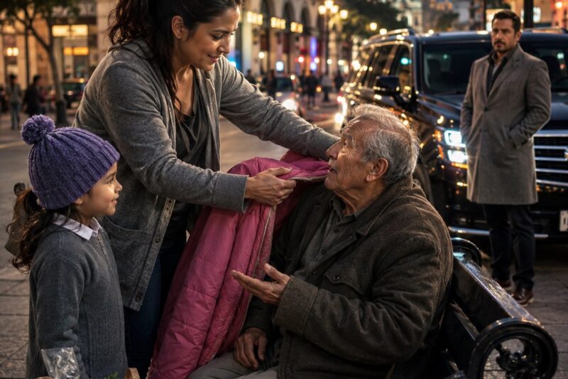 La pequeña le regaló su única chamarra a un anciano que se estaba congelando… y el empresario más temido que observaba desde una camioneta negra olvidó cómo respirar