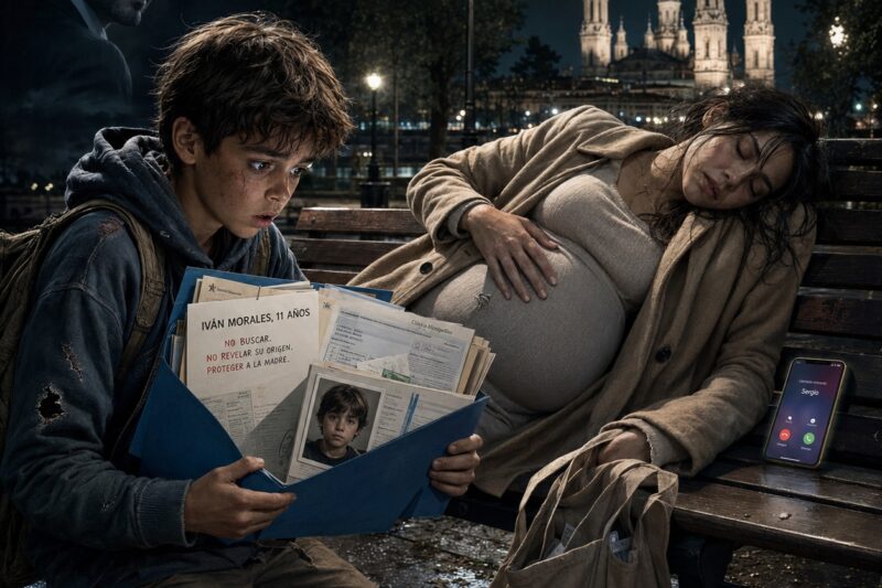 EMBARAZADA DE OCHO MESES, DESCUBRIÓ QUE SU MARIDO PLANEABA ABANDONARLA Y HUYÓ CON SOLO DOCE EUROS, PERO AL DESMAYARSE EN UN BANCO DEL PARQUE, UN NIÑO SIN HOGAR ABRIÓ SU CARPETA Y ENCONTRÓ UNA FOTO QUE DESTAPÓ EL SECRETO MÁS OSCURO DE LA FAMILIA