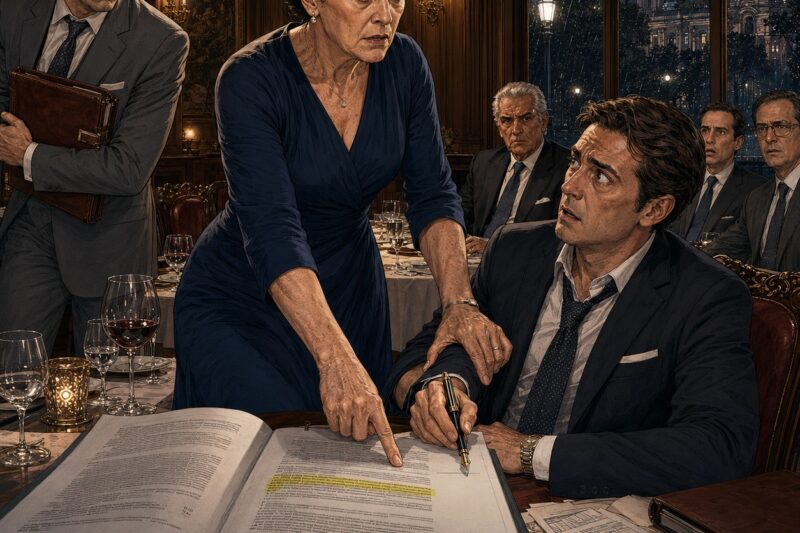 UNA MUJER DE LA LIMPIEZA ACEPTÓ FINGIR SER LA ESPOSA DE UN EMPRESARIO DURANTE UNA CENA EN MADRID, PERO AL LEER UNA CLÁUSULA DEL CONTRATO LE SUSURRÓ AL OÍDO: «NO FIRME NADA. ESTÁN A PUNTO DE QUITARLE HASTA SU APELLIDO»