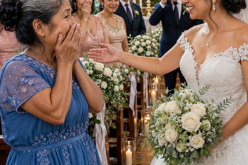 La suegra llegó con un vestido viejo y todos se burlaron… hasta que la novia tomó el micrófono y dejó helada a toda la iglesia