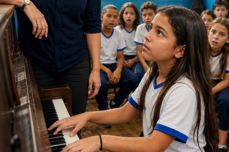 La maestra quiso humillar a una niña pobre de 8 años frente al piano… pero cuando empezó a tocar, toda la escuela se quedó helada