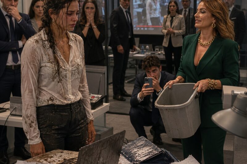 La supervisora le vació un cubo de agua sucia delante de toda la oficina, creyendo que solo humillaba a una empleada nueva… pero tres horas después, el fundador entró con abogados, cámaras y una verdad que destruyó nueve años de poder