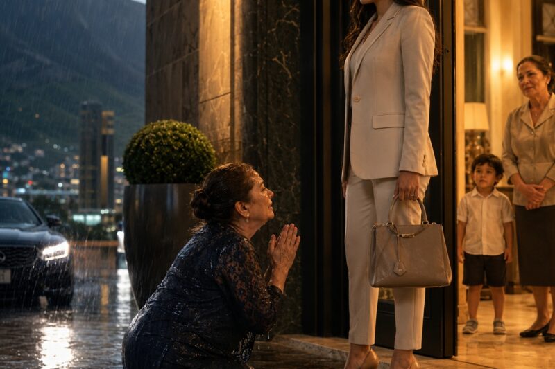 Mi suegra me expulsó embarazada bajo la lluvia… tres años después, se arrodilló ante la puerta de mi hotel