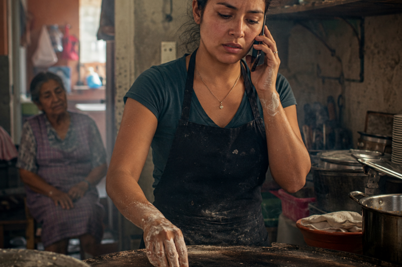 Estaba de pie en la cocina llena de humo del negocio familiar de mi novio, con las manos todavía manchadas de masa de maíz y pomada para su madre… pero cuando él dijo: “Si no hemos firmado nada, no eres mi esposa”, dejé las llaves sobre la mesa y desaparecí de México.
