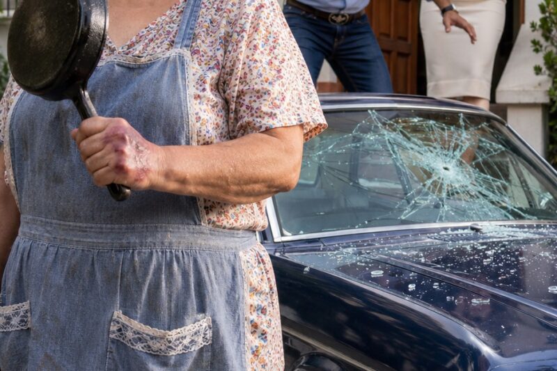 Estaba de rodillas tallando el piso de la cocina cuando mi hijo me pisó los dedos con sus botas y su esposa se rio: “Así aprende a no estorbar”. No lloré; tomé el sartén de hierro, caminé hasta su coche clásico y rompí el parabrisas, sin saber que la cámara había grabado algo mucho peor.