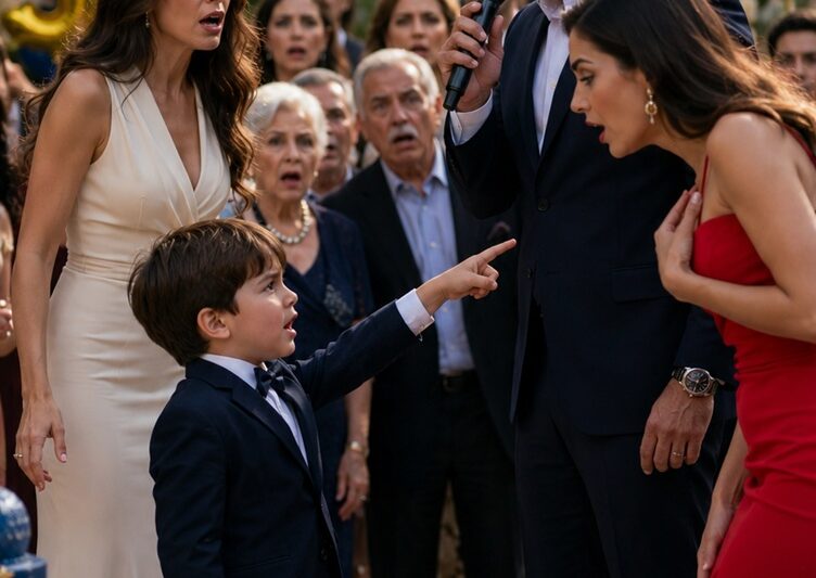 El día del quinto cumpleaños de mi hijo, mi esposo apareció de repente acompañado de otra mujer. Frente a todos los invitados, declaró sin el menor remordimiento que ella era la “verdadera madre” de mi hijo y que muy pronto yo sería expulsada de mi propia casa. Pero antes de que pudiera responder, mi pequeño de cinco años se puso de pie, la señaló con el dedo y dijo unas palabras que congelaron la fiesta entera y destruyeron la seguridad de mi esposo en un solo instante.